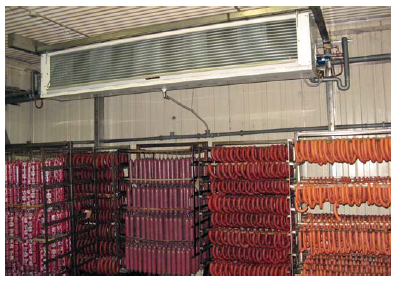 Камера на колбасном заводе для хранения колбас с холодильными установками производительностью 335 кВт (-7°С) и 360 кВт (-2°С)
